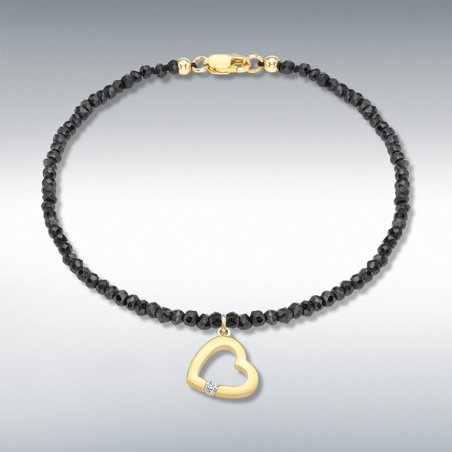9ct Yellow Gold 15mm Diamond Heart Charm on Black Spinel Bracelet, 0.03ct total