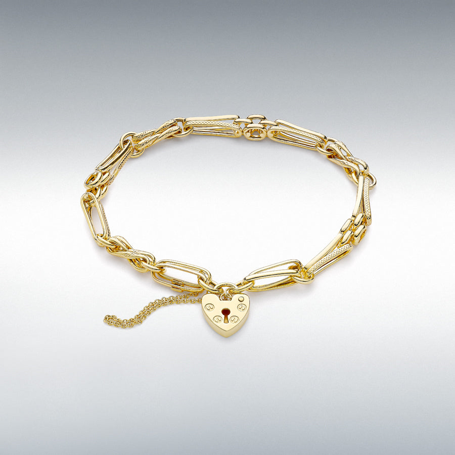 9ct Yellow Gold 2-Bar Link and Panther Chain Padlock Bracelet