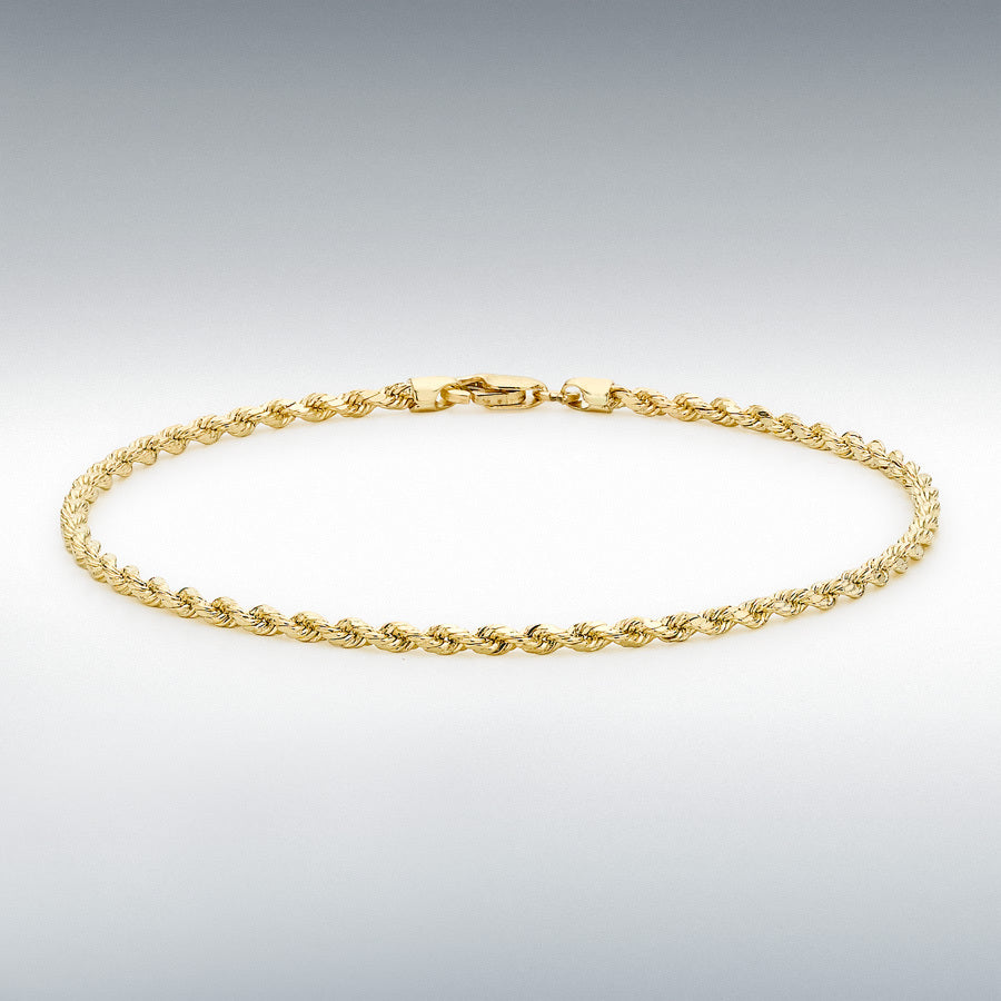 9ct Yellow Gold 2mm Hollow Diamond-Cut Rope Bracelet, 18cm