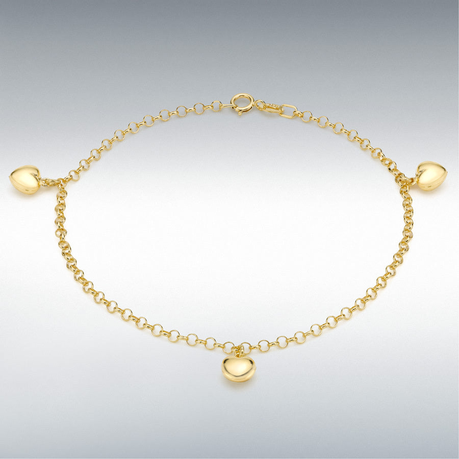 9ct Yellow Gold 3-Heart Belcher Bracelet