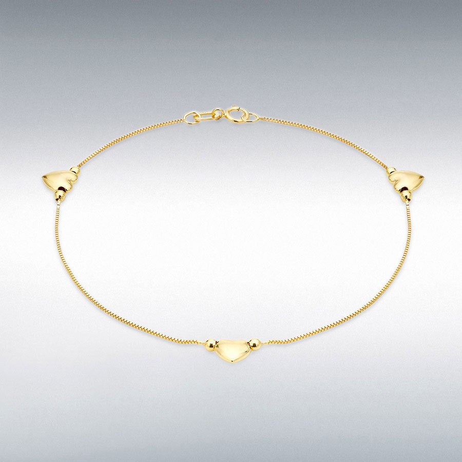 9ct Yellow Gold 3-Heart Charm Box Chain Anklet