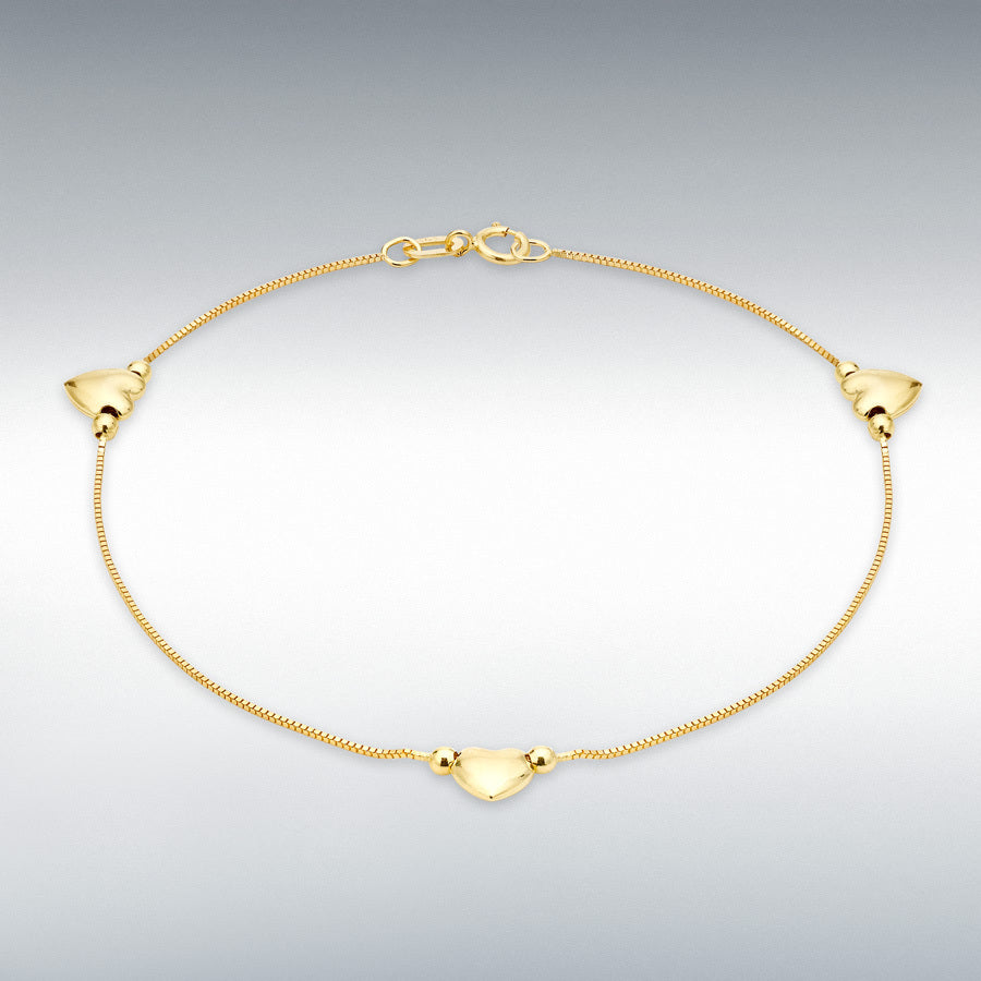 9ct Yellow Gold 3-Heart Charm Box Chain Bracelet