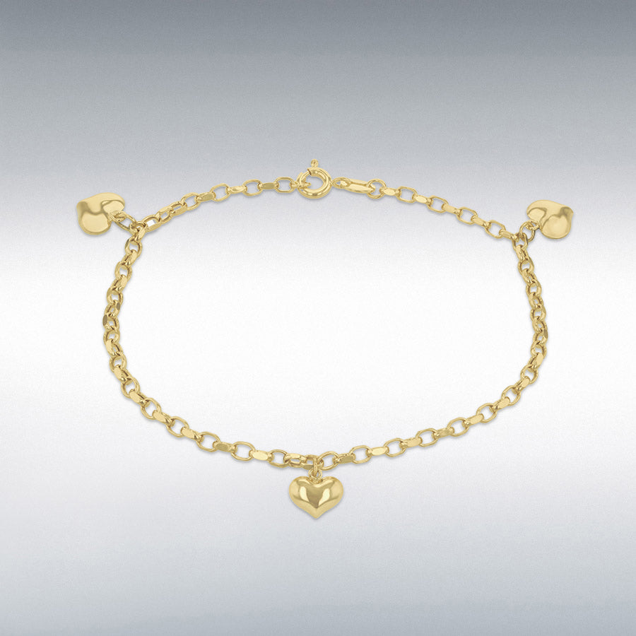 9ct Yellow Gold 3 Heart Diamond-Cut Belcher Bracelet