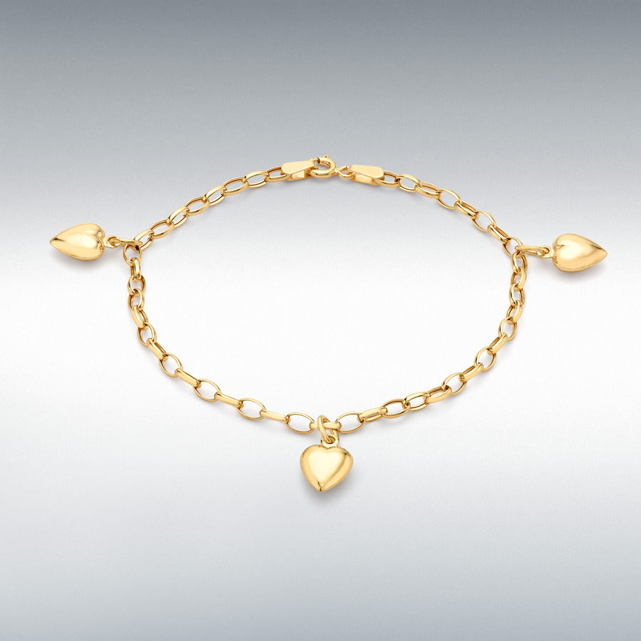 9ct Yellow Gold 3-Heart Oval Belcher Chain Bracelet
