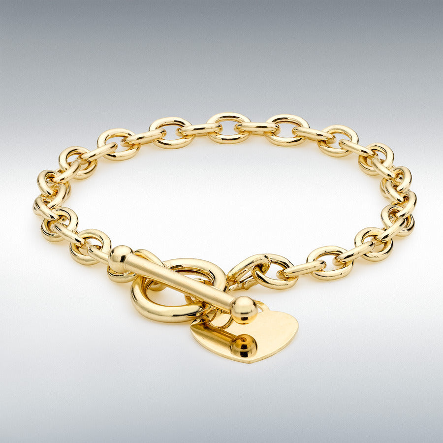9ct Yellow Gold 6mm Oval Belcher Heart Tag T-Bar Bracelet, 20cm