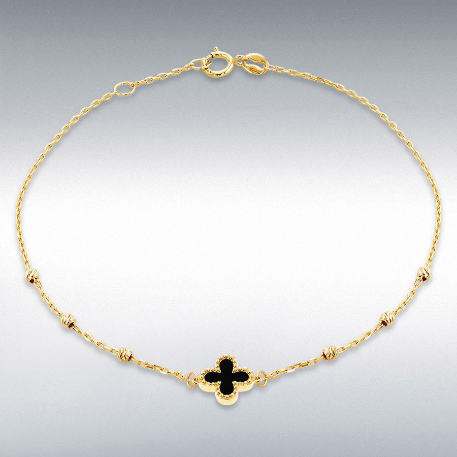 9ct Yellow Gold Black Onyx Clover Diamond-Cut Ball Bracelet