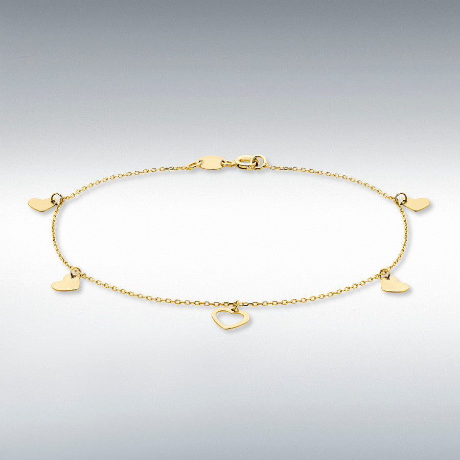 9ct Yellow Gold Dangly Hearts Bracelet