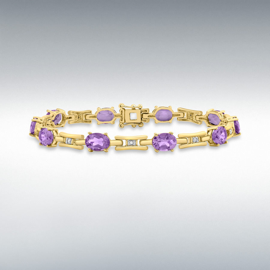 9ct Yellow Gold Diamond and Amethyst Oval Link Bracelet, 0.07ct total