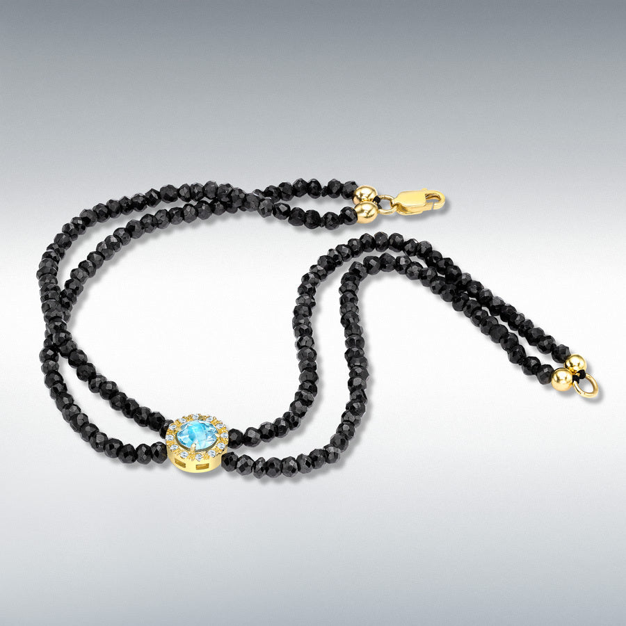 9ct Yellow Gold Diamond and Blue Topaz Charm on Black Spinel Bracelet, 0.06ct total