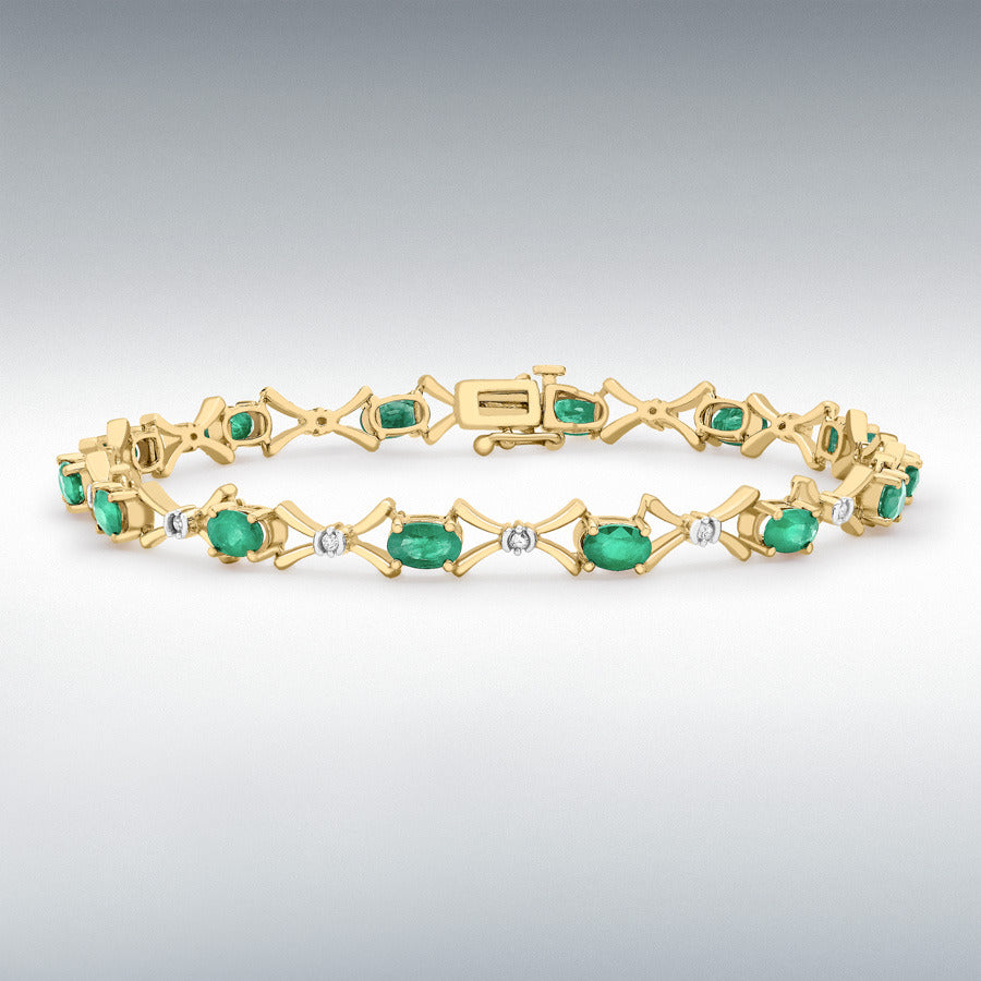 9ct Yellow Gold Diamond and Emerald Link Bracelet, 0.12ct total