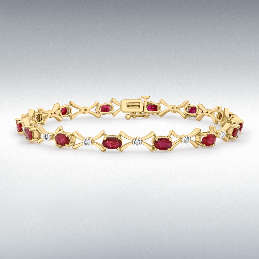 9ct Yellow Gold Diamond and Ruby Link Bracelet, 0.12ct total