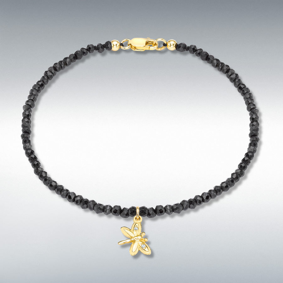 9ct Yellow Gold Diamond Butterfly Charm on Black Spinel Bracelet, 0.01ct total