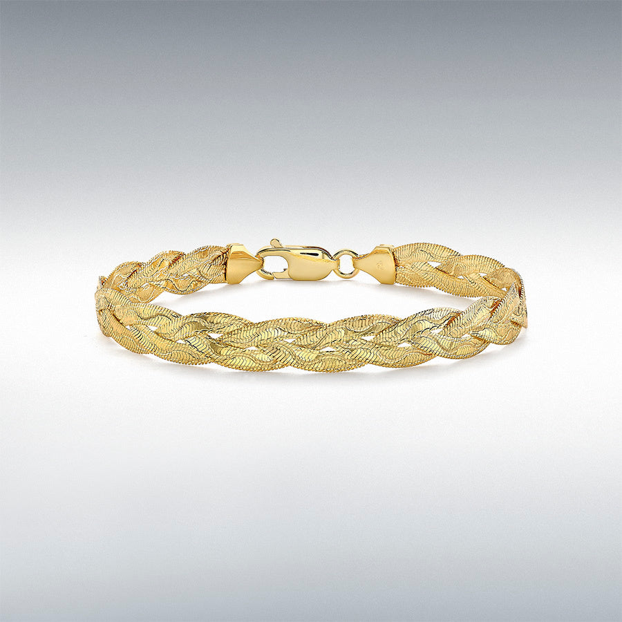 9ct Yellow Gold Diamond-Cut Wave 3-Plait Herringbone Bracelet