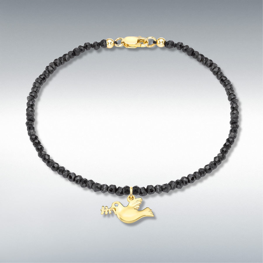 9ct Yellow Gold Diamond Dove Charm on Black Spinel Bracelet, 0.005ct total
