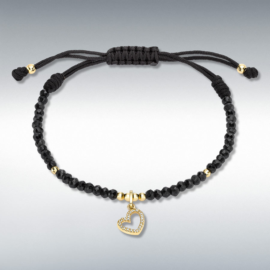 9ct Yellow Gold Diamond Heart Charm on Adjustable Black Spinel Bracelet, 0.07ct total
