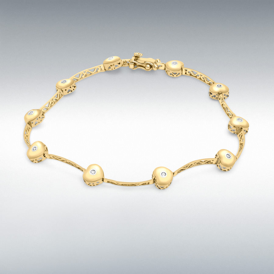 9ct Yellow Gold Diamond Heart Filigree Link Bracelet, 0.08ct total