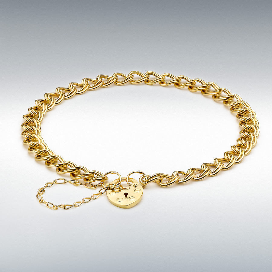 9ct Yellow Gold Double Hollow Panza and Heart Padlock Bracelet