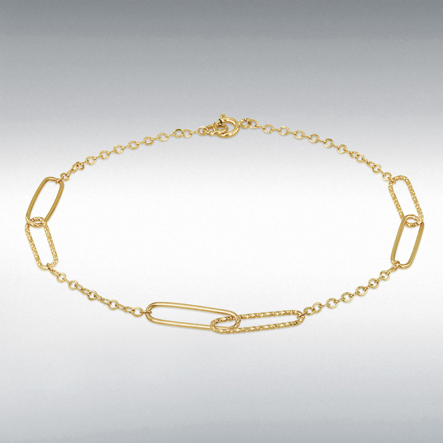 9ct Yellow Gold Double Textured and Polished Paper Link Station Bracelet