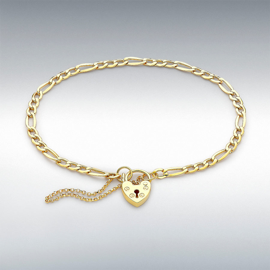 9ct Yellow Gold Figaro Padlock and Safety Chain Bracelet