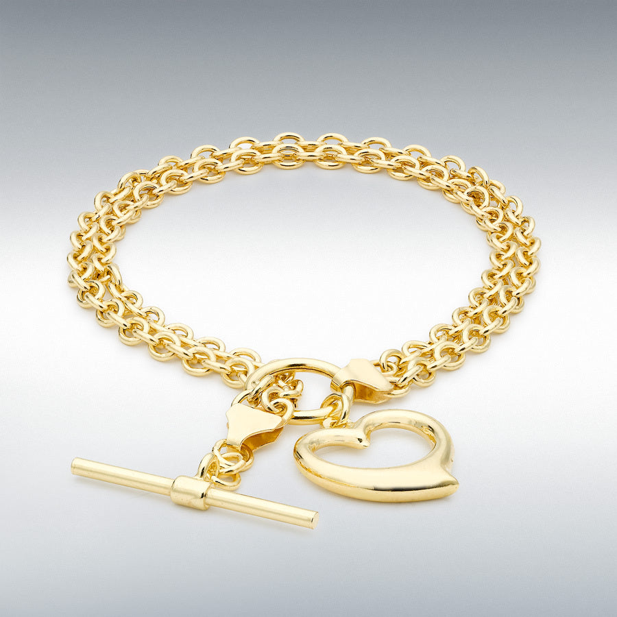 9ct Yellow Gold Heart 2-Strand Belcher Chain T-Bar Bracelet