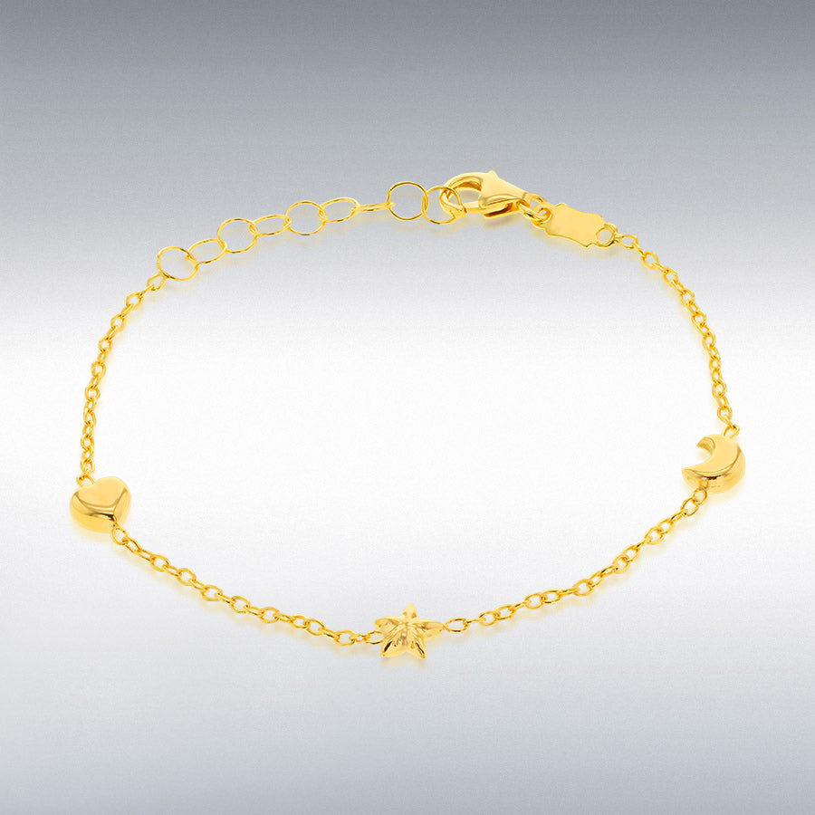 9ct Yellow Gold Heart Moon and Star Bracelet