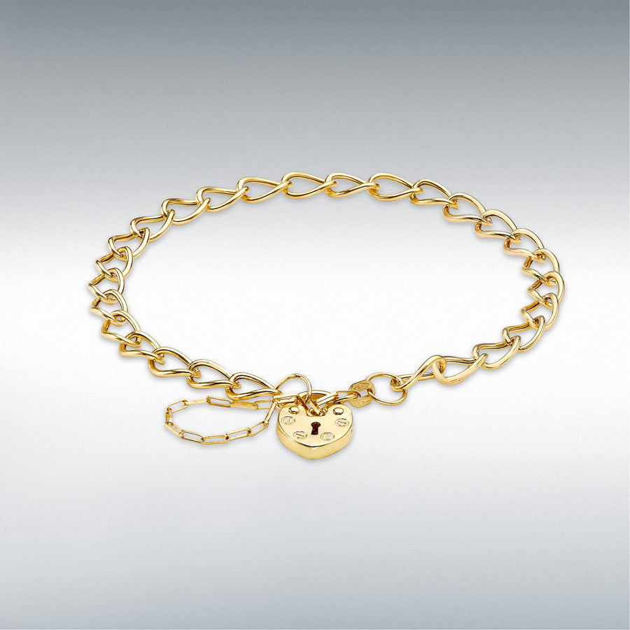 9ct Yellow Gold Heart Padlock and Safety Chain Bracelet