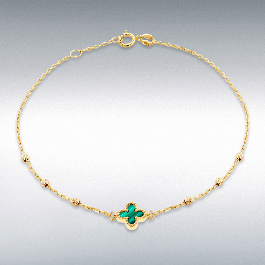 9ct Yellow Gold Malachite Clover Diamond-Cut Ball Bracelet
