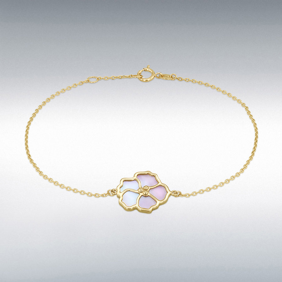 9ct Yellow Gold Mother of Pearl Blossom Flower Adjustable Bracelet