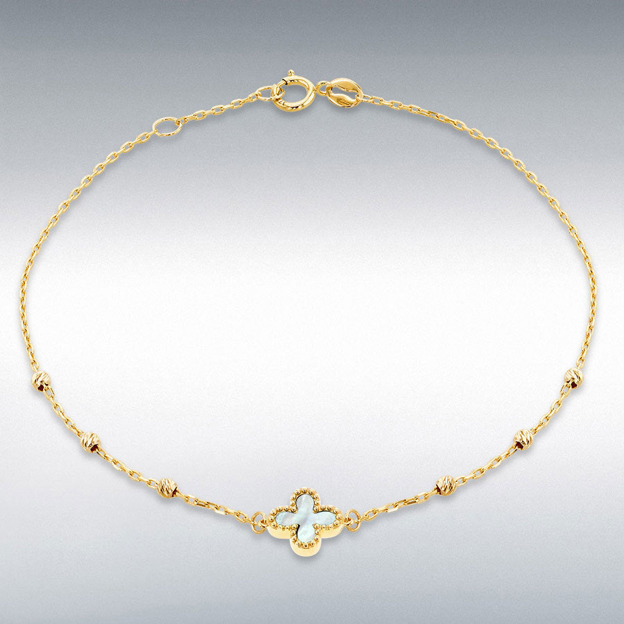 9ct Yellow Gold Mother of Pearl Clover Diamond-Cut Ball Bracelet