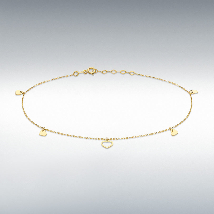 9ct Yellow Gold Open and Closed Heart Adjustable Anklet