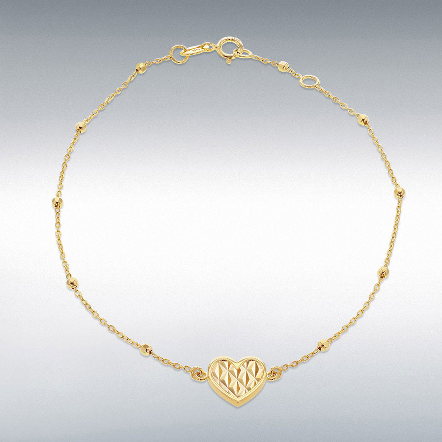 9ct Yellow Gold Shimmer Heart Adjustable Trace and Ball Bracelet