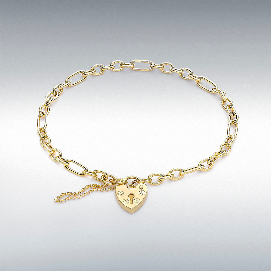 9ct Yellow Gold Straight Figaro Chain Padlock and Safety Chain Bracelet