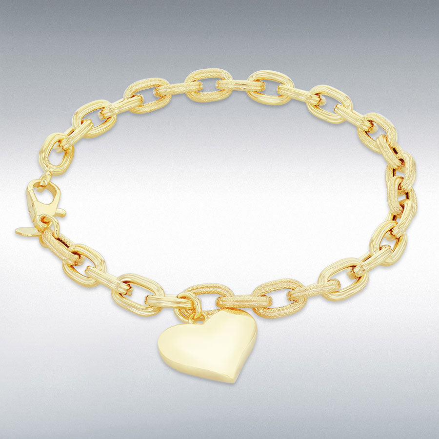 9ct Yellow Gold Textured and Polished Oval Link Bracelet with Polished Heart Charm