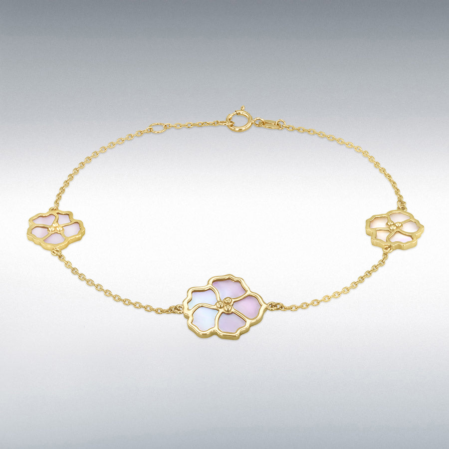 9ct Yellow Gold Three Mother of Pearl Blossom Flowers Adjustable Bracelet