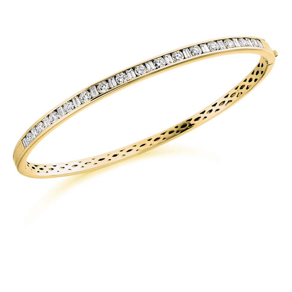 Channel-Set Round and Baguette Diamond Bangle, 2.35ct total in Yellow Gold