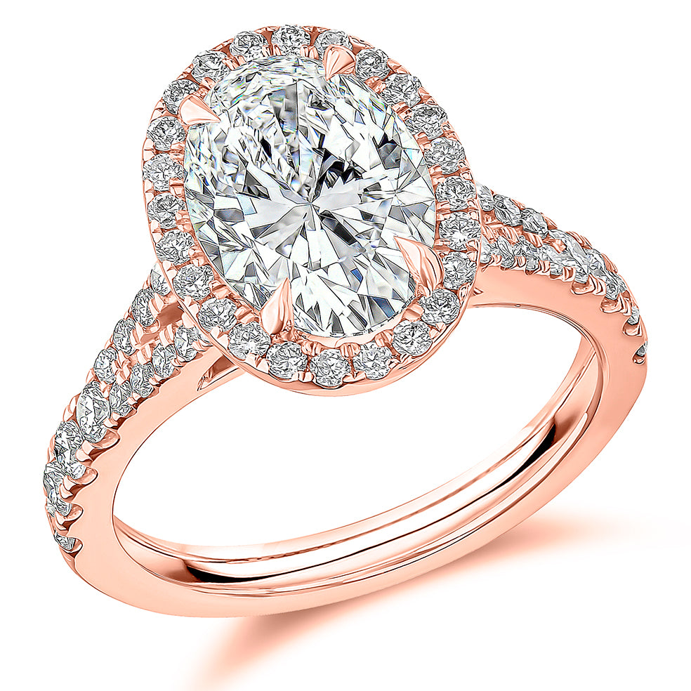 Curved-Shoulder Halo Oval Cut Engagement Ring in Rose Gold