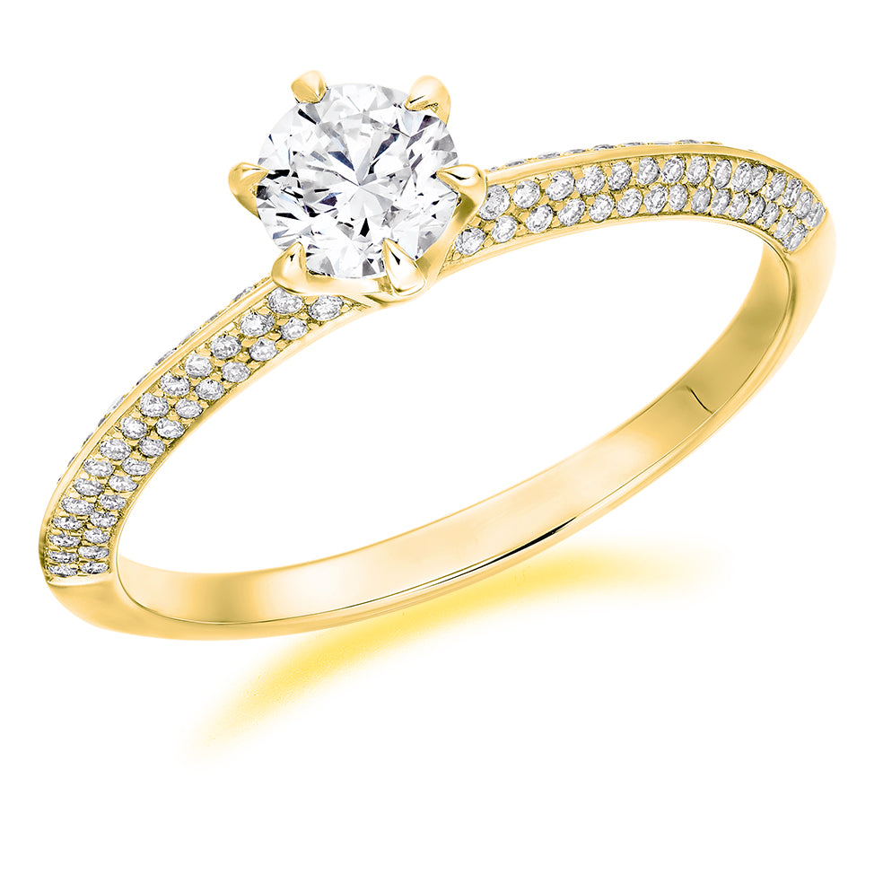 Fine Pavé Solitaire Round Brilliant Engagement Ring in Yellow Gold