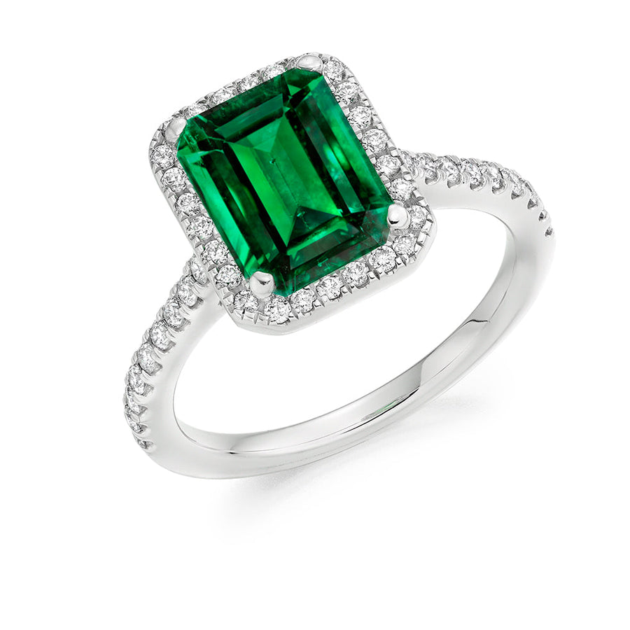 Cluster Halo Emerald & Diamond Engagement Ring with Micro-Claw, 0.4ct