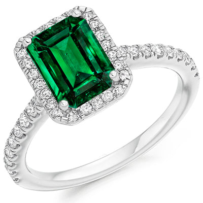 Cluster Halo Emerald & Diamond Engagement Ring with Micro-Claw, 0.45ct