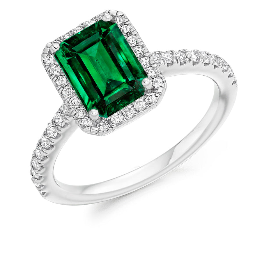 Cluster Halo Emerald & Diamond Engagement Ring with Micro-Claw, 0.45ct