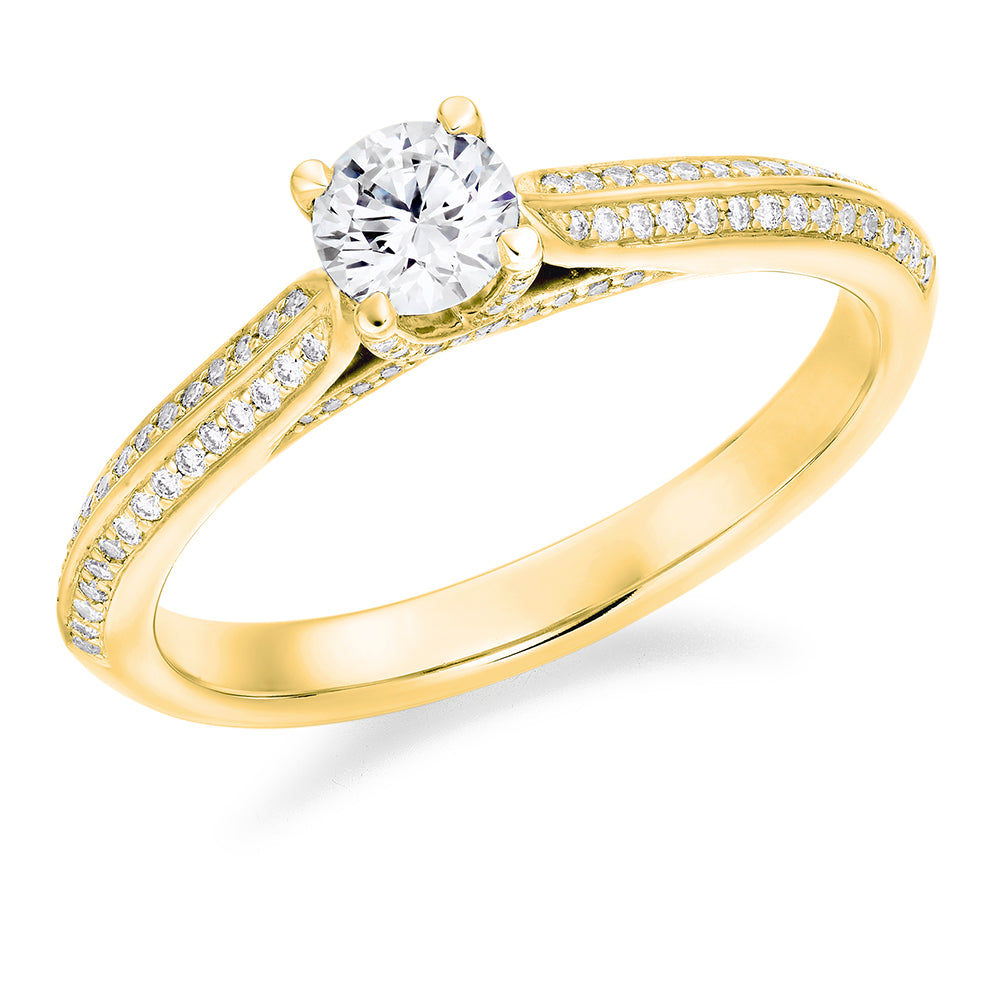 Fine Pavé Solitaire Round Brilliant Engagement Ring 0.53ct in Yellow Gold