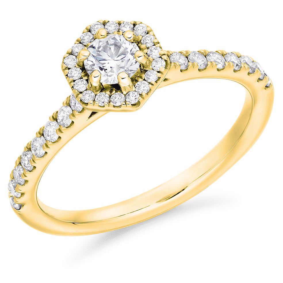 Halo with Diamond Shoulders Round Brilliant Engagement Ring, 0.25ct in Yellow Gold
