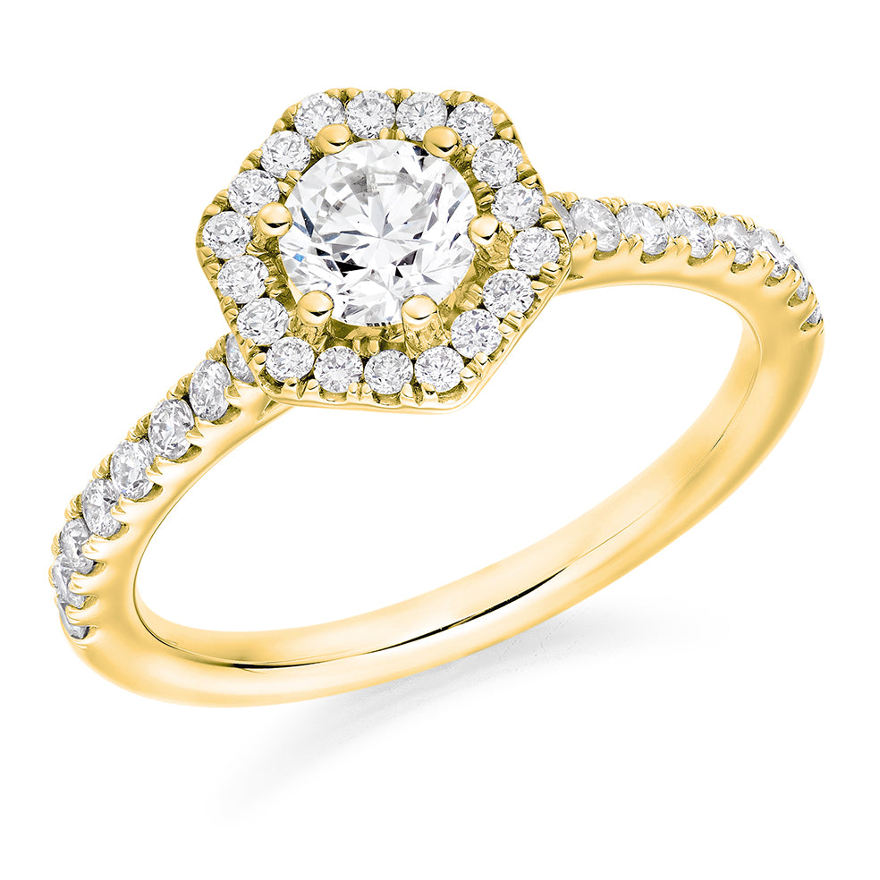 Diamond-Shouldered Halo Round Brilliant Engagement Ring, 0.5ct in Yellow Gold
