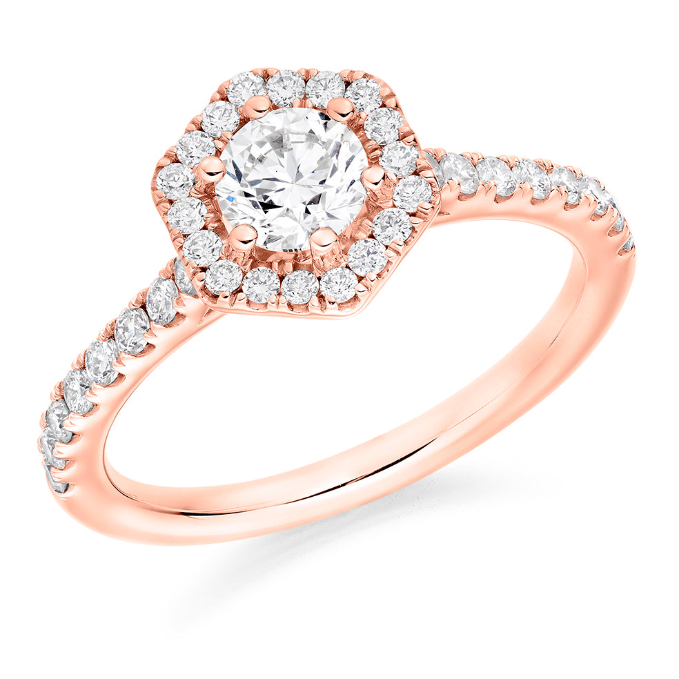 Diamond-Shouldered Halo Round Brilliant Engagement Ring, 0.5ct in Rose Gold