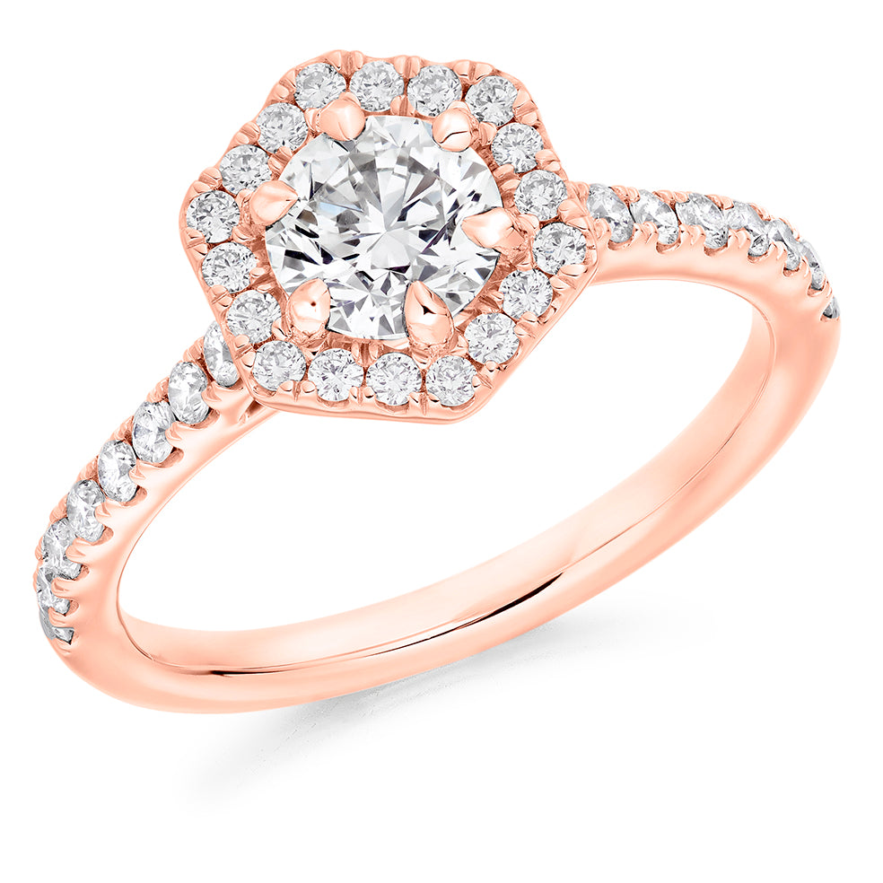 Halo with Diamond Shoulders Round Brilliant Engagement Ring, 0.75ct in Rose Gold