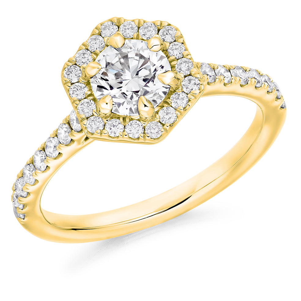 Halo with Diamond Shoulders Round Brilliant Engagement Ring, 0.75ct in Yellow Gold