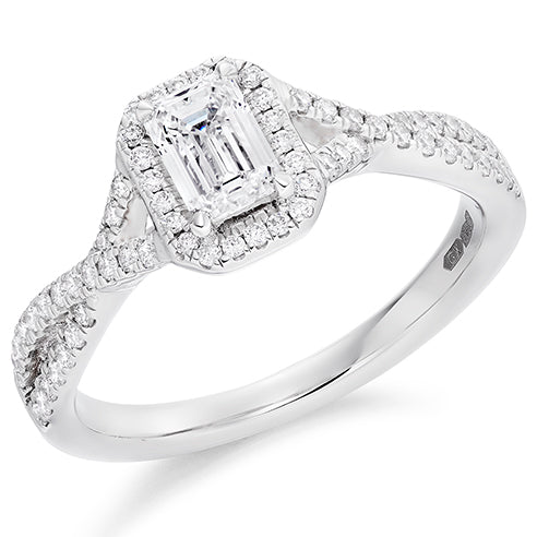 Curved-Shoulder Halo Emerald Cut Engagement Ring