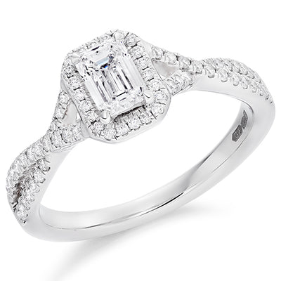 Curved-Shoulder Halo Emerald Cut Engagement Ring