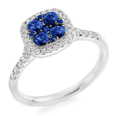 Double-Halo Cluster Sapphire & Diamond Engagement Ring, 0.3ct