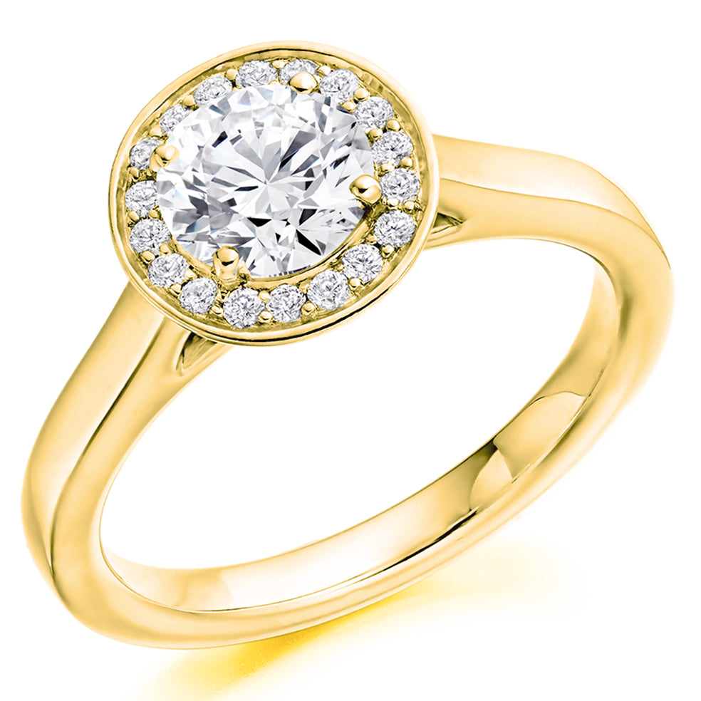 Clean-Shouldered Halo Round Brilliant Engagement Ring, 0.9ct in Yellow Gold